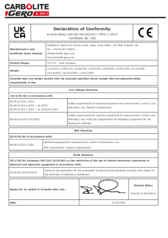 CE DECLARATION OF CONFORMITY - TF RANGE (1200 °C)