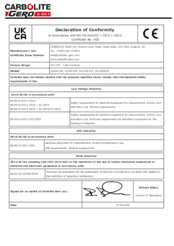 CE DECLARATION OF CONFORMITY - TF RANGE (1600 °C)