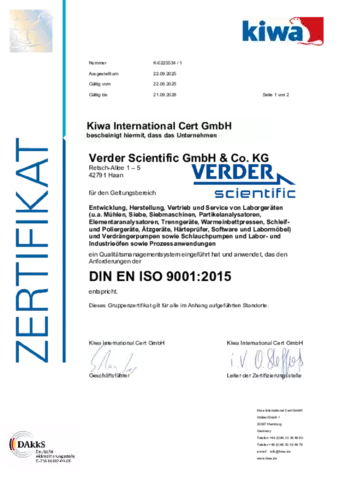 VERDER SCIENTIFIC ISO 9001:2015 ZERTIFIKAT